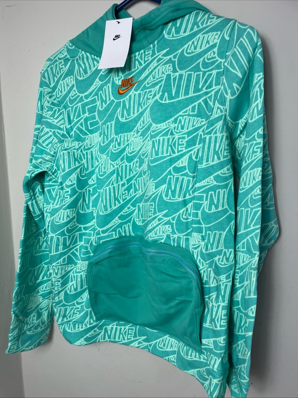 Nike Youth Teal All-Over Logo Hoodie with Orange Swoosh size Youth XL